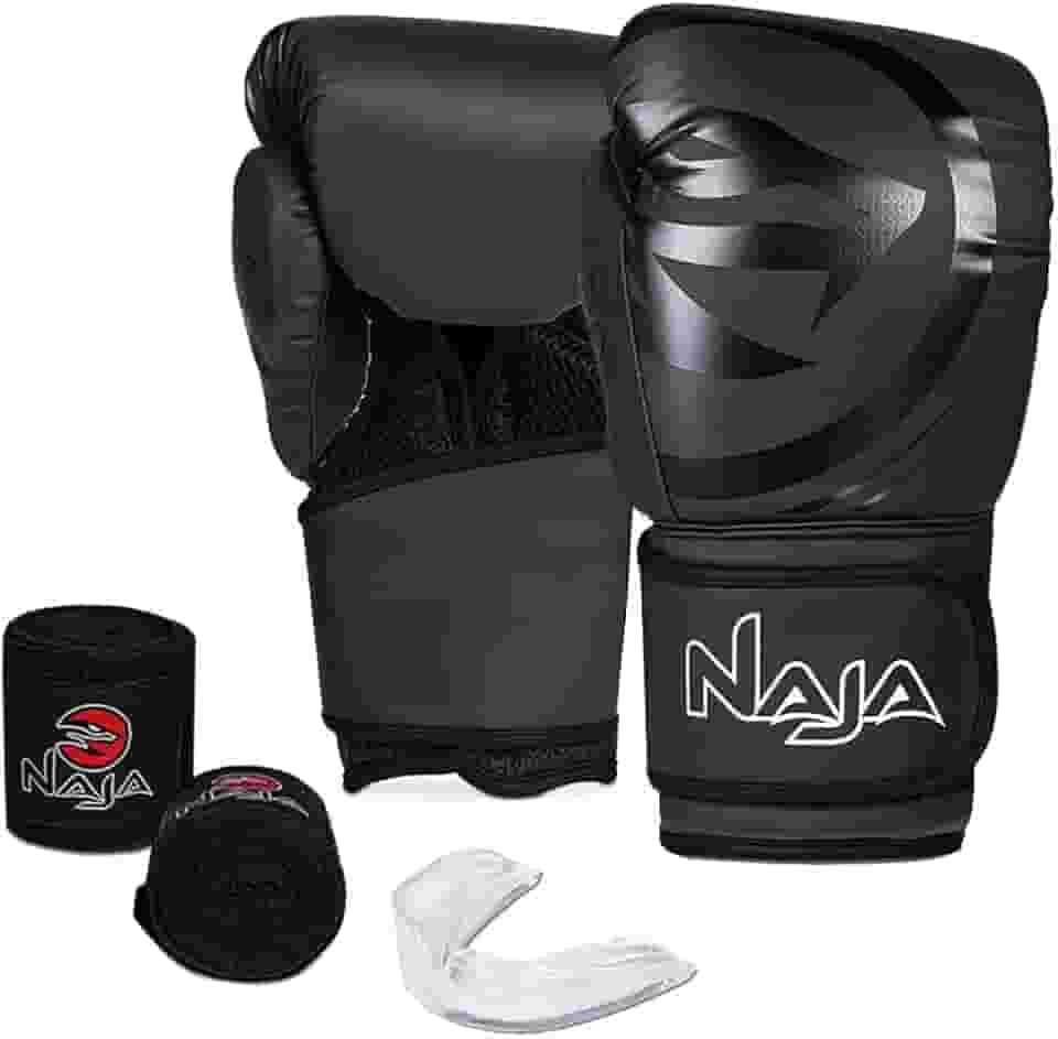 Luva de Boxe e Muay Thai Naja Black Line - 1 Par de luva + 1 Par de Bandagem Elástica + 1 Protetor Bucal