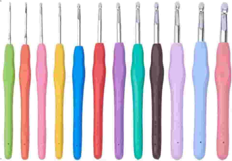 Kit de Agulhas para Crochê, 12 Peças Coloridas, Cabo Emborrachado, 2mm a 8mm, 14cm