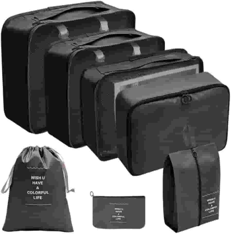 Kit Organizador de Malas para Viagem 7 Peças Bolsas Necessaire Sapatos Maquiagem Roupas Bagagem Organizada Conjunto Organizador Completo Premium (Preto)