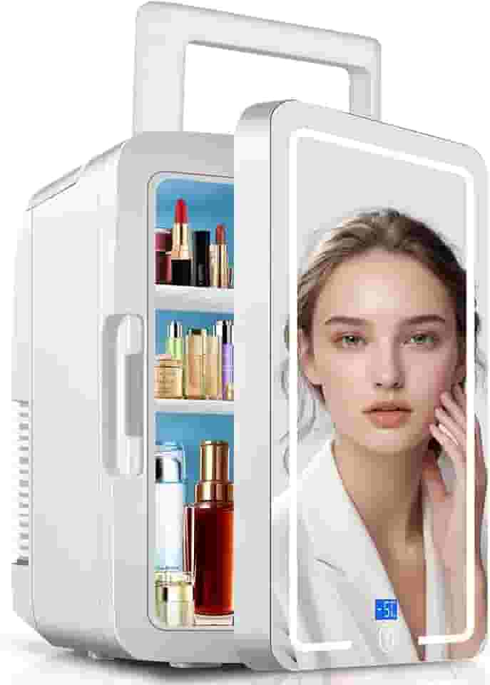 Mini Geladeira Portatil, Mini Geladeira Skincare, Beauty Porta Espelhada e LED, Esfria e Aquece, Capacidade de 12L, 12V para Automóvel, 110V-220V para Cas