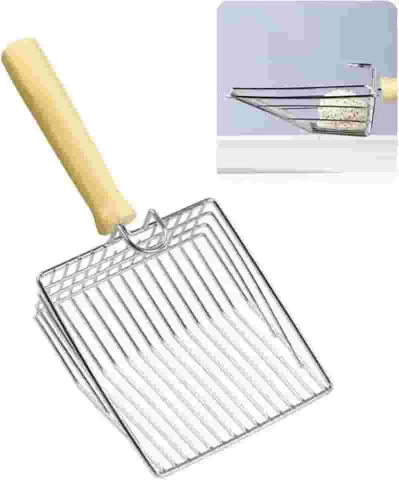 Pazinha Higiênica Coletora Coco Fezes Caca Excrementos Cachorro E Gato Filtra Grãos de Areia Malha em Aço Inox Cabo de Madeira