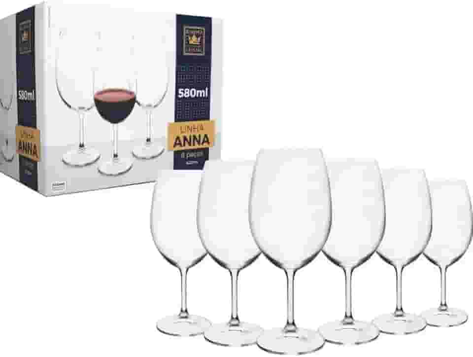 Jogo de 6 Taças de Vinho Água Cristal Bohemia 580ml modelo Anna
