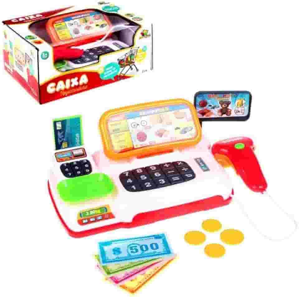 Caixa Registradora Infantil Com Som E Luz Mini Mercadinho Cor Branco Com Vermelho