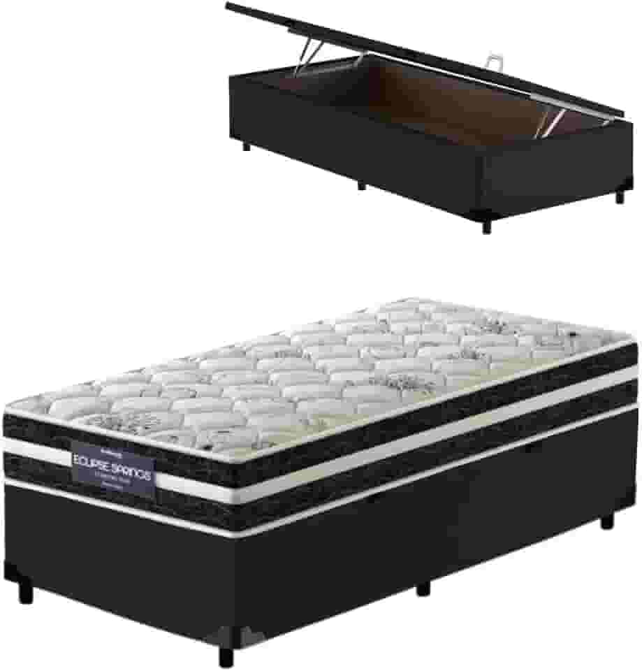 Cama Box Baú Solteiro King Preta + Colchão Molas Ensacadas - Probel - Eclipse Springs 96x203x62cm
