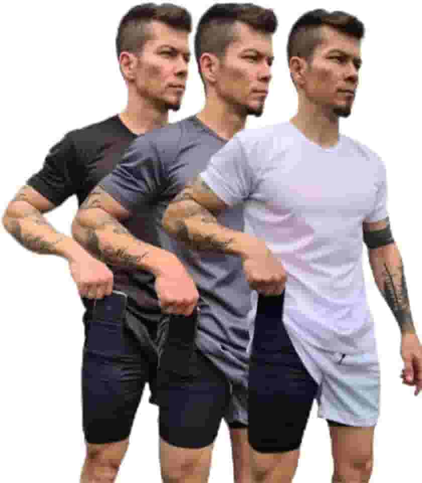 Kit 3 Conjuntos Academia Masculino, Camiseta Dry Fit + Short 2 em 1, Poliéster