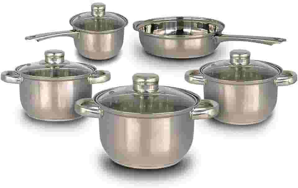 Conjunto de Panelas Inox 5 Peças com Tampa de Vidro – Panela, Caçarolas e Frigideira- Aço Inox