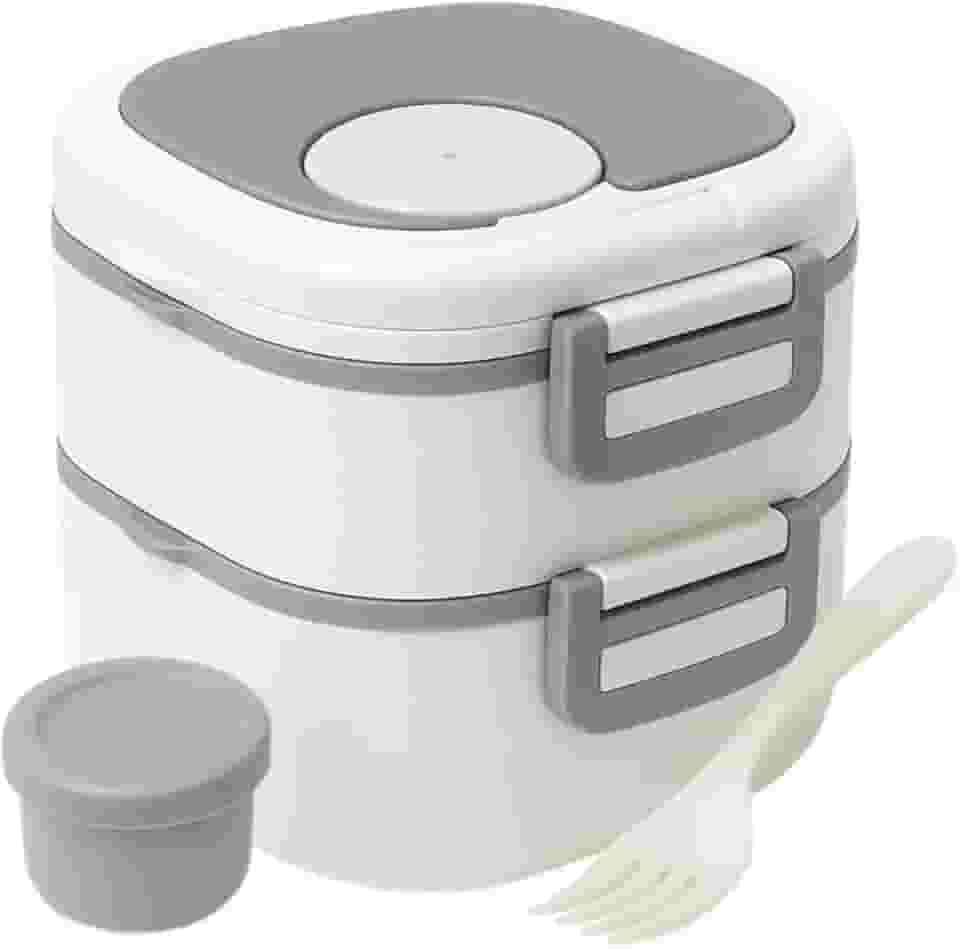 Marmita Dupla Premium Com Talher e Compartimento para Molho + Cartela de Adesivos 3D - Prática, Leve e Portátil (BRANCA) - MJ BRANDS