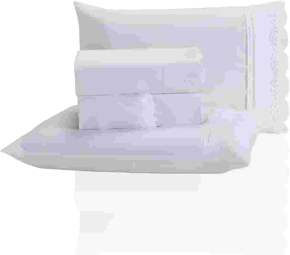 Jogo de Lençol Queen 3 Peças Percal 400 Fios Bordado Inglês - Tecido Acetinado, Macio e Confortável (Branco, Queen)