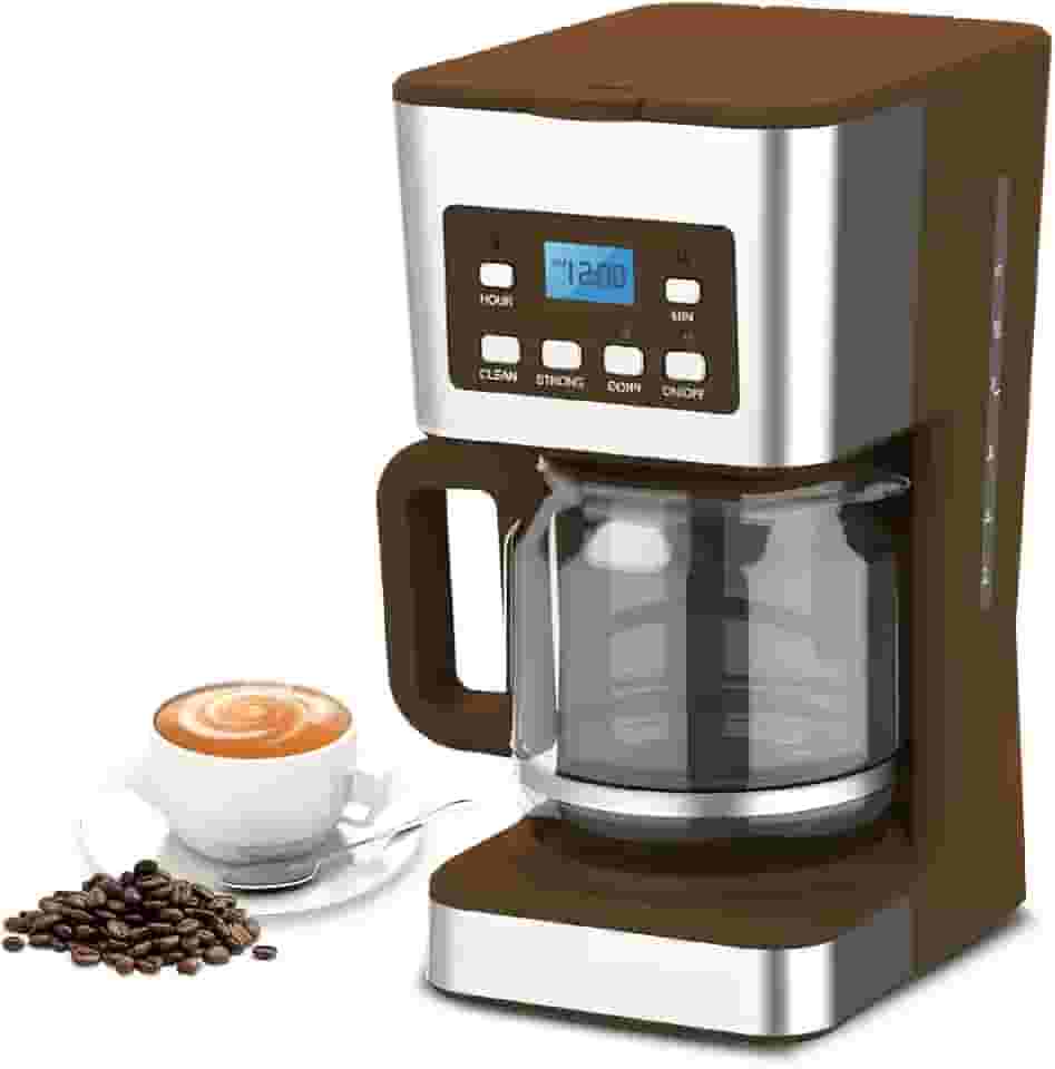 KkAscX Cafeteira programável para 12 xícaras, máquina de café por gotejamento regular e forte para casa e escritório, jarra de vidro, pausa e servir, desligamento automático, cinza e aço inoxidável
