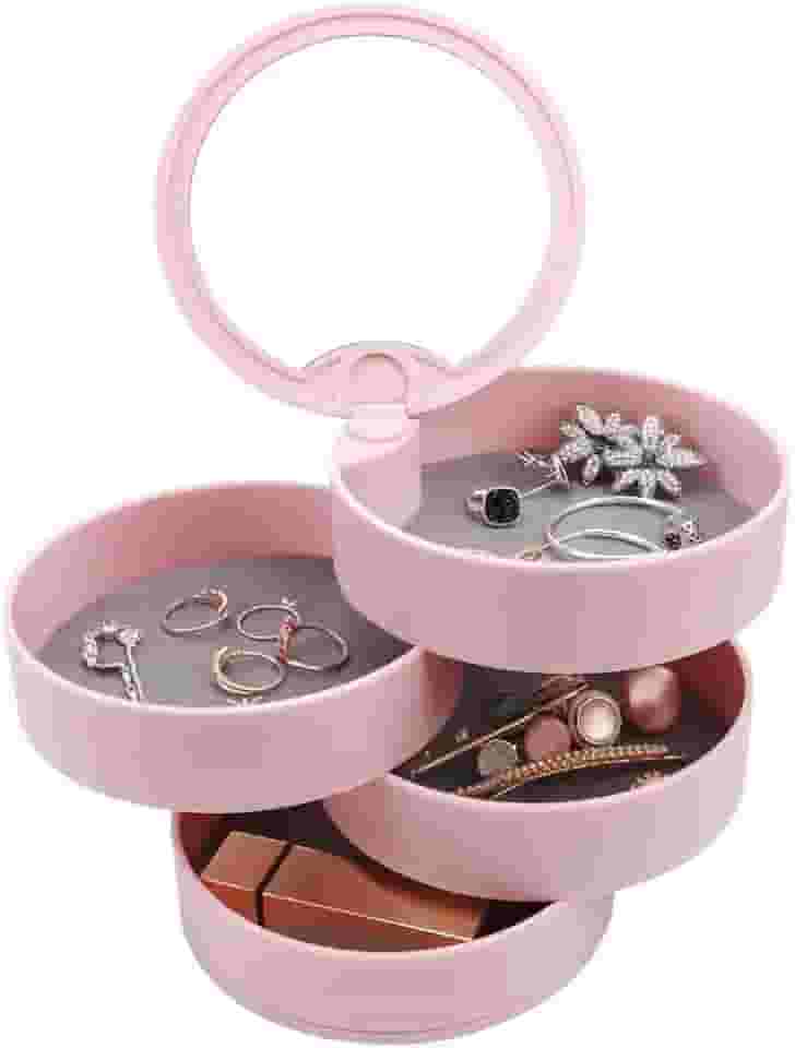 Porta Joias Redondo com 4 Andares 360° - Organizador de Penteadeira - Caixa Organizadora de Joias com Espelho - Porta Joias Redondo Giratório - Shop100 (Rosa)