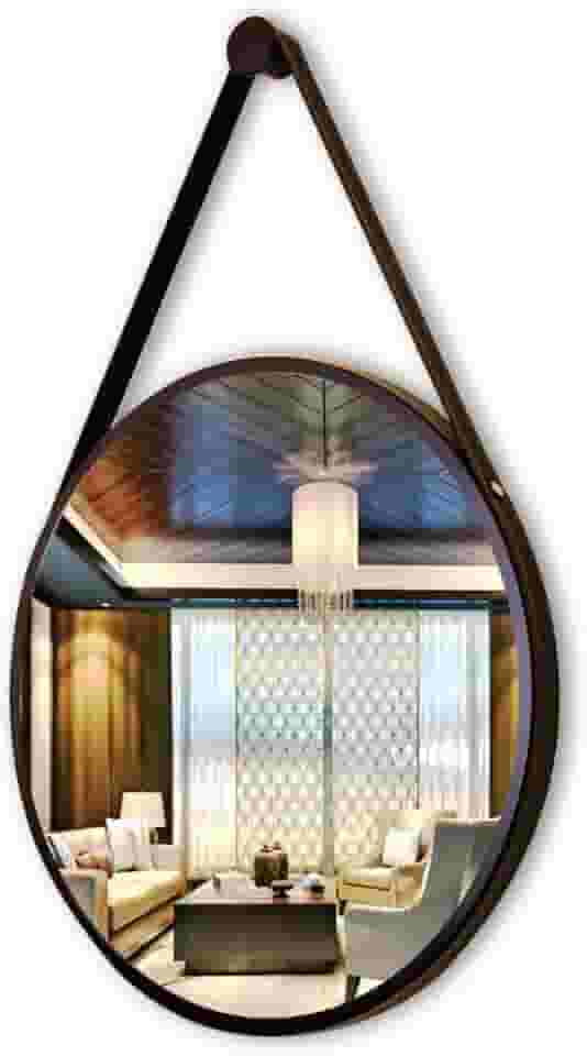 Espelho Adnet 33cm Redondo Decorativo Com Alça Couro Costurado Completo Preto Qualidade Premium.