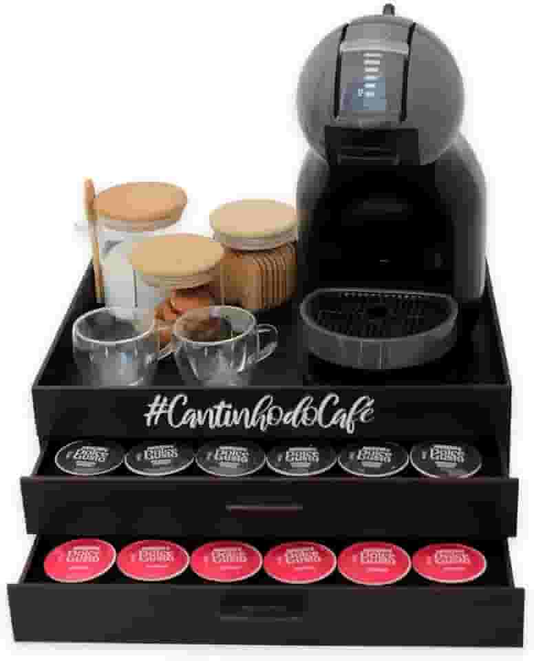 Bandeja Porta Capsulas Cantinho do Café com 2 Gavetas Organizador Suporte Cafeteira Compatível com 3 Marcas, Dolc&Gusto, N&spresso e 3 coraçoes (Preto - Dolce Gusto)
