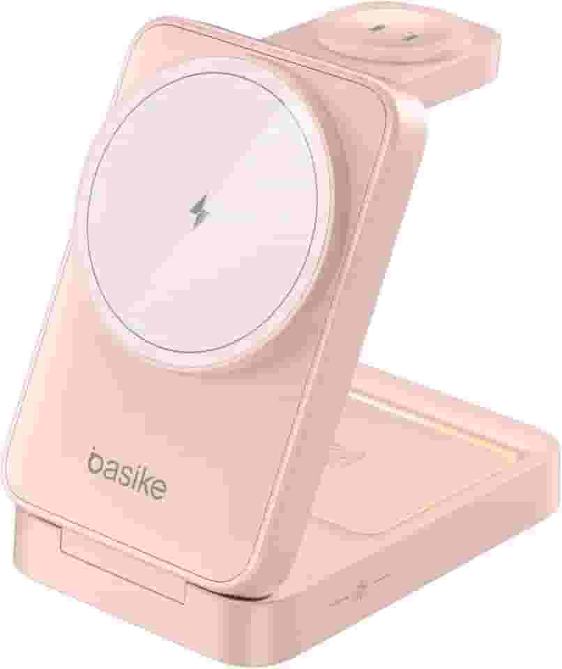 Basike Carregador Sem Fio 3 em 1 Magnético 2025, Estação de Carregamento Portátil com Luz Noturna, Dobrável e Compatível com MagSafe, iPhone 16/15/14/13/12, Apple Watch e AirPod (Ouro rosa)