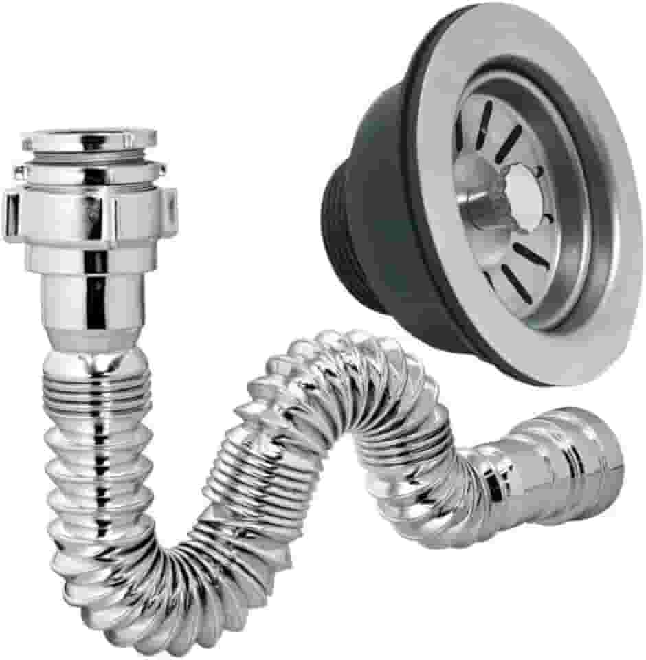 Kit Sifão Universal Flexível Cromado com Válvula Americana, Aço Inoxidável, 3.1/2 Polegadas, Sistema de Vedação Reforçado, 2 Peças, Instalação Versátil para Pias e Cubas