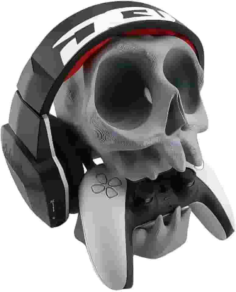 Suporte Base para Controle PS5, PS4 e Fone de Ouvido, Design Caveira, Montagem em Parede ou Mesa, Cinza