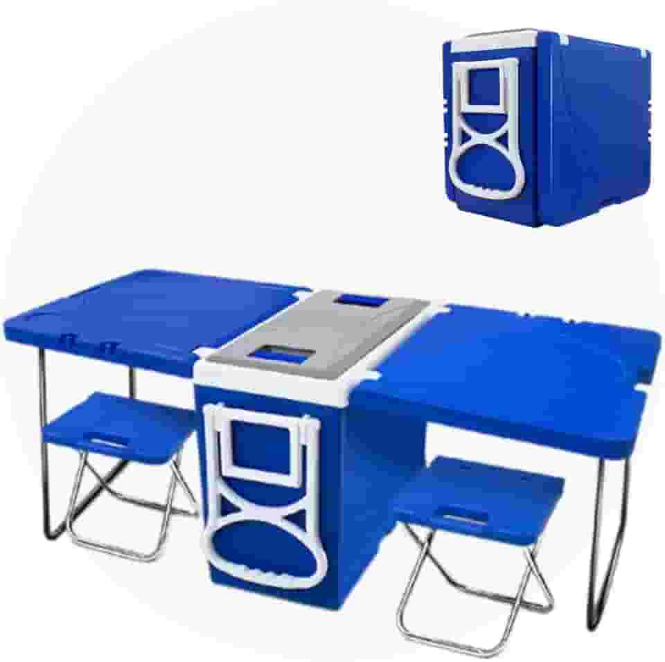 Cooler Super Caixa Térmica 32L Multifuncional 5 em 1-32 Litros Com Mesa e 2 Banquetas Fácil Transporte com Rodinhas Para Praia MAIS VENDID 2025
