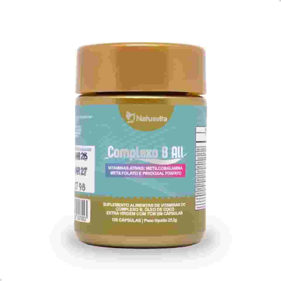 120 cápsulas Complexo de Vitaminas B Ativas B1, B2, B3, B5, B6, B7, B9, B12 com TCM e Óleo de Coco