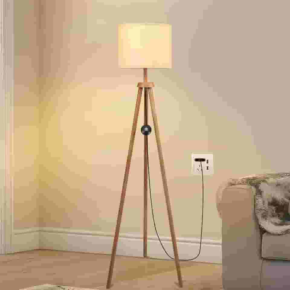 1.5M, Ajustável em Três Cores, 85-250V, 9W, E27, Uminária Abajur de Chão Tripé Tradicional com Cúpula de Tecido Linho, Candeeiros de chão de Tripé para Sala de Estar, Quarto E Escritório