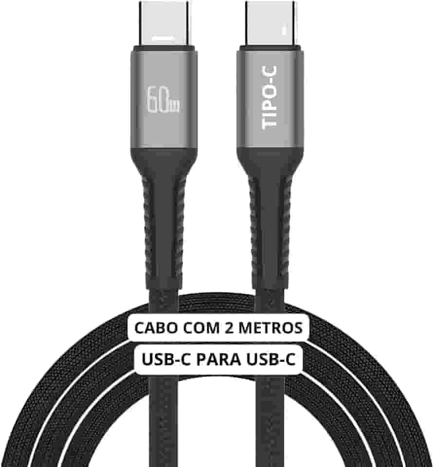 Cabo USB-C 2 metros Tipo C Turbo 60W Ultra Rapido Nylon Trançado e Reforçado Android e Iphone Notebook Tablet Qualidade Premium Carregamento Transferência de Dados