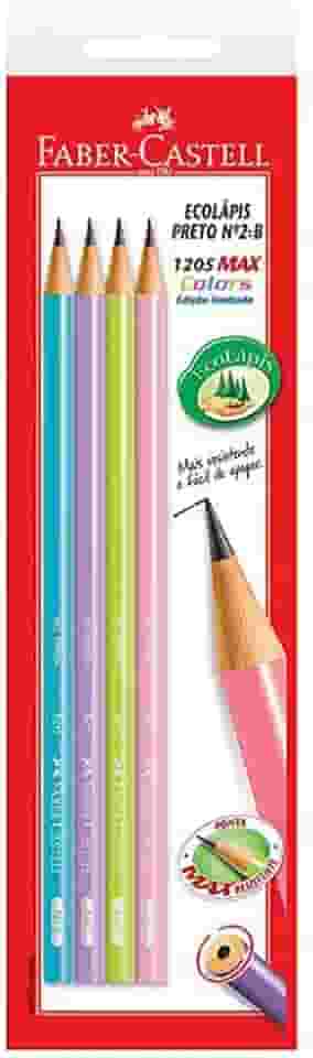 Lápis Grafite Nº 2=B, Faber-Castell, SM/1205MED, EcoLápis Max, Sem Borracha, 4 Unidades, Multicor