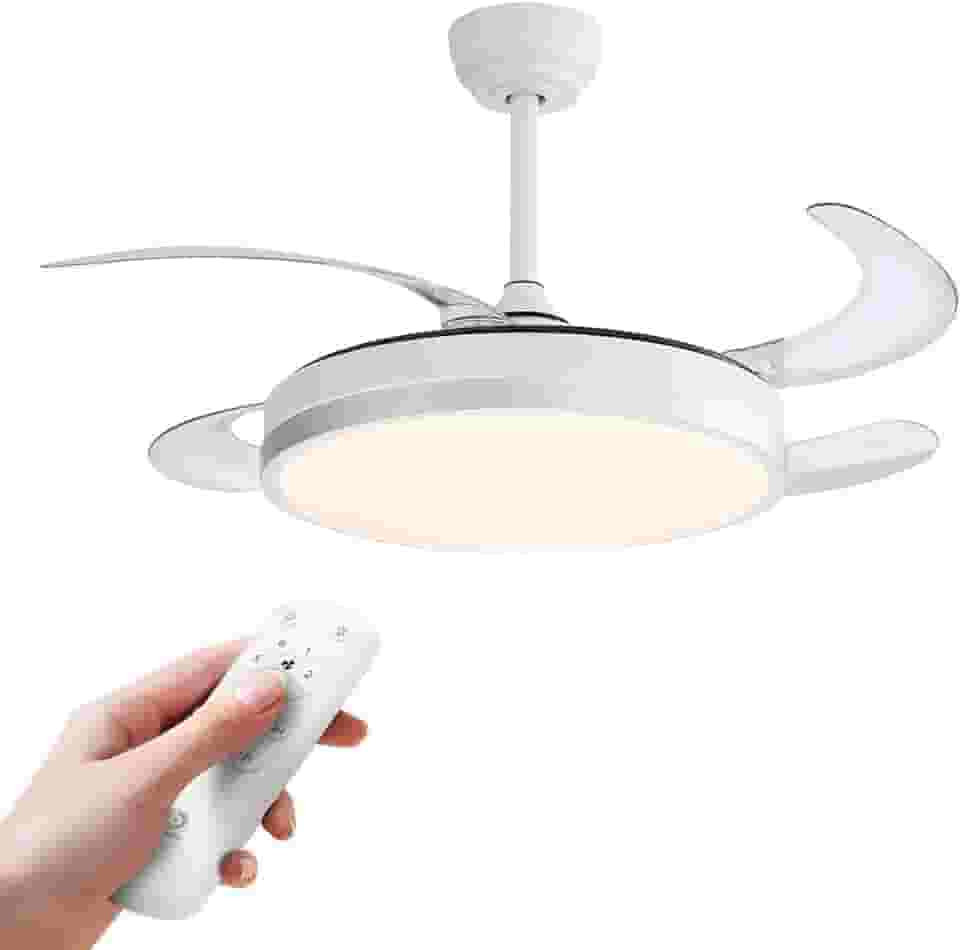 Ventilador de Teto LED com Pás Retráteis, Controle Remoto, Bivolt, Estrutura Branca, Pás Transparentes, Diâmetro 46 cm, 4 Pás de Plástico