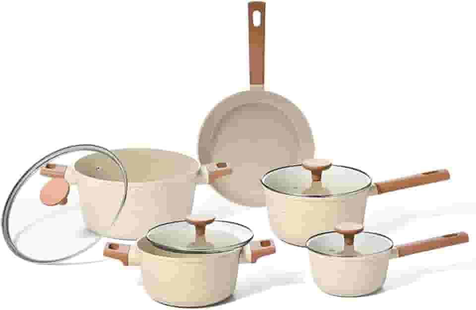 Oikos - Jogo Panelas Antiaderente Cerâmico 5 Peças para Fogão por Indução, a Gás, Elétrico e Vitrocerâmico Cor Bege Mou Pitaya