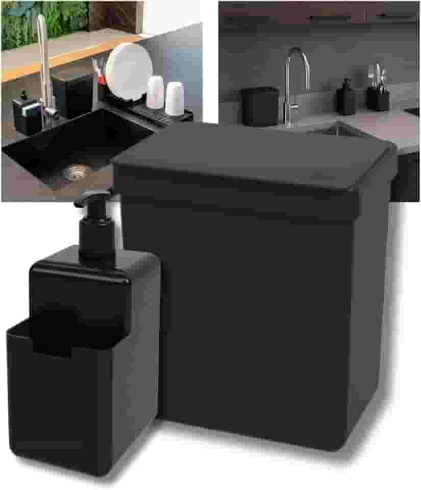 Lixeira De Pia 2,5 L Com Tampa + Porta Detergente 500ml Com Suporte Bucha para cozinhas pequenas