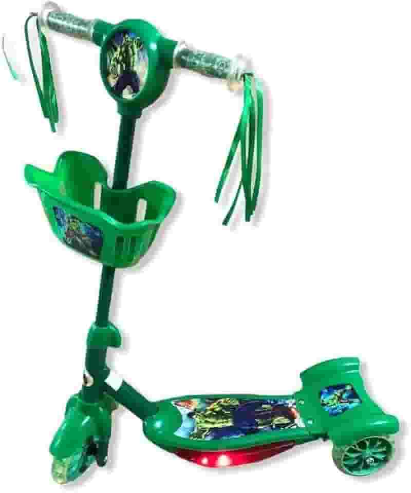 Patinete Infantil Musical, Hul Verde 3 Rodas, com Cesta e Luz, Altura Ajustável 60-70cm, Suporta 50kg Menino