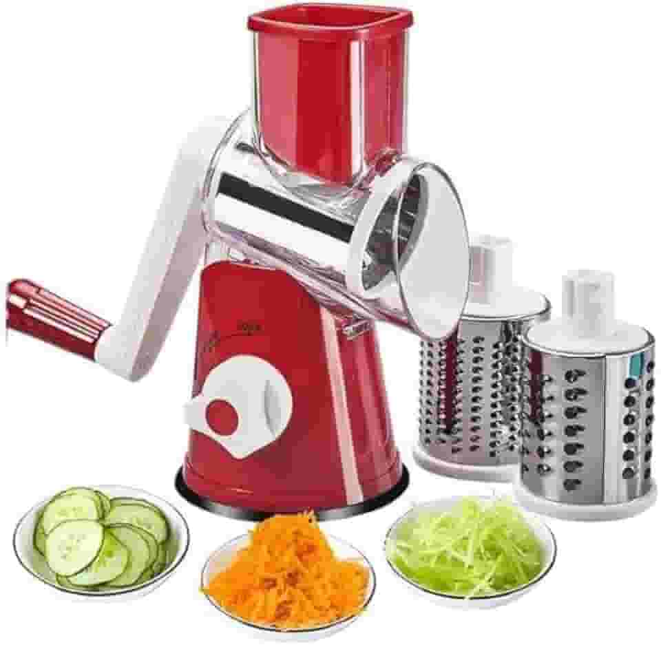 Ralador e Fatiador Manual de Legumes, 3 Lâminas em Aço Inoxidável, Base com Sucção, Plástico, 23,5 x 14 cm, com Empurrador de Alimentos, para Uso Doméstico