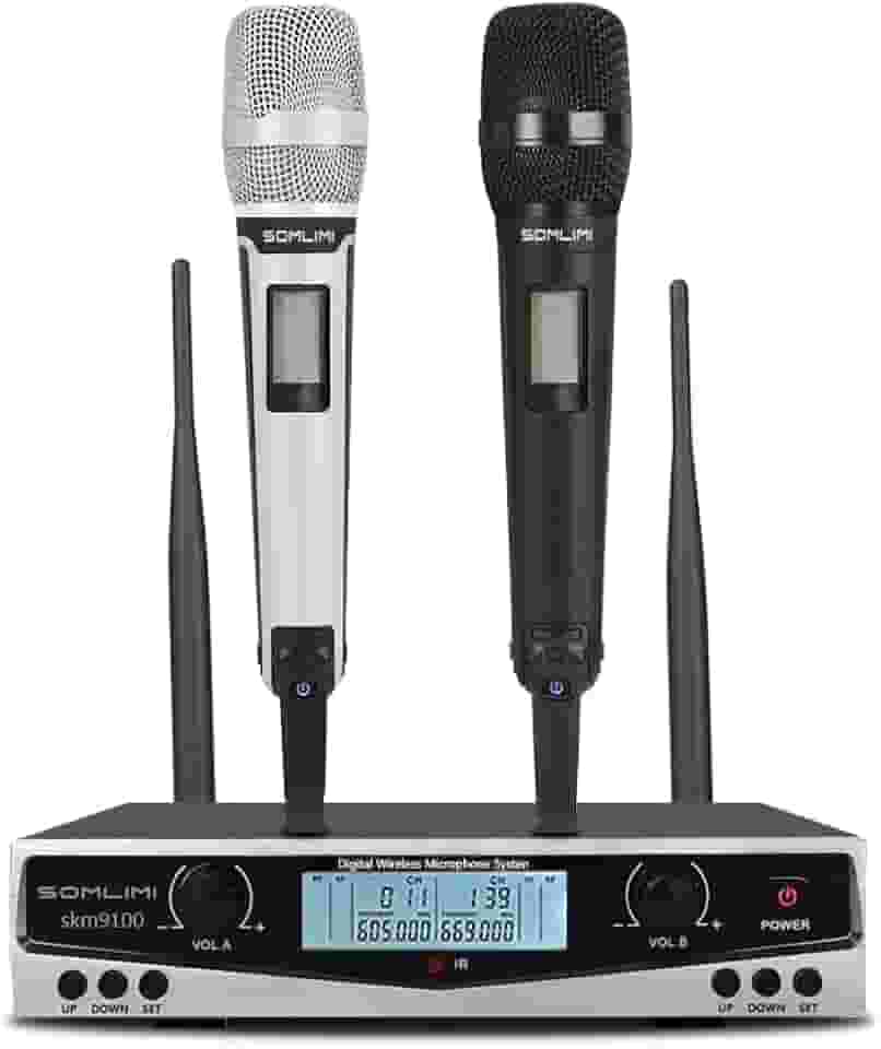 SOMLIMI original Sistema de Microfone Sem Fio Profissional 2 Canais Microfone Dinâmico Cantar Performance Palco Festa Família KTV Show Rap Karaoke DJ Wedding Church Lecture (9100-Black+White)