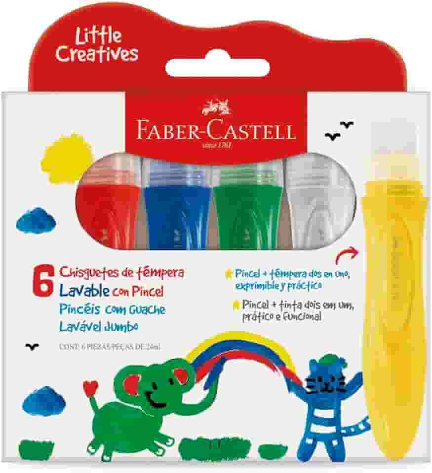 Pincéis com Tinta Guache Jumbo Little Creatives, Faber-Castell, Kit Pintura Infantil, Pré-escola, 6 Cores