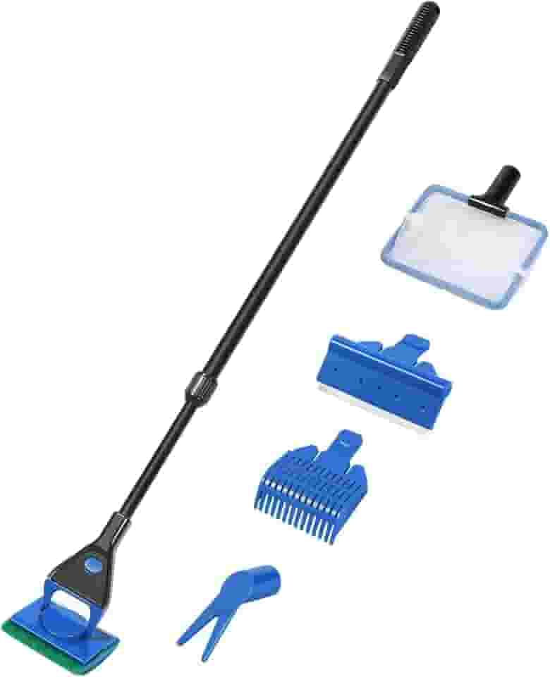 Kit Limpeza 5 em 1 para Aquário | Escovas, Rede, Raspador e Cabo Extensível de 45cm | Ideal para Manutenção Completa | Fácil Troca e Montagem