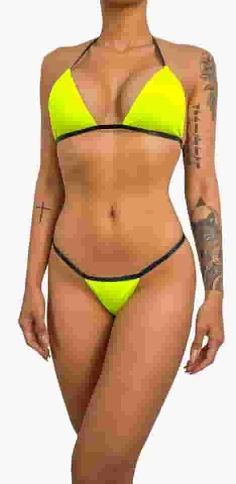 Biquíni Micro Fio Preto Marquinha Do Bronze Do Esparadrapo (Amarelo Neon)