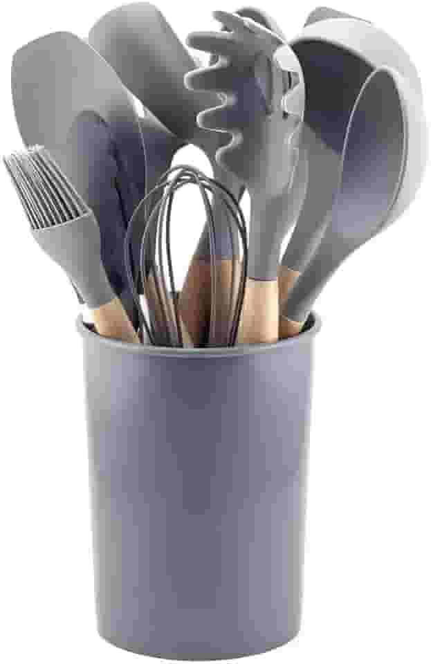 Conjunto de Utensílios de Cozinha, 12 Peças, Silicone e Madeira, Design Ergonômico, Antiderente e Resistente ao calor (Cinza)