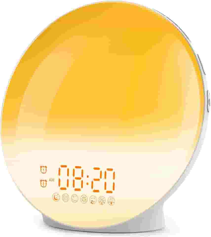 Relógio de Alarme Com Simulação do Nascer e Pôr do Sol, Alarmes Duplos, Rádio FM, 7 Sons Naturais, Soneca, Luz Noturna de 7 Cores, Alarme Digital
