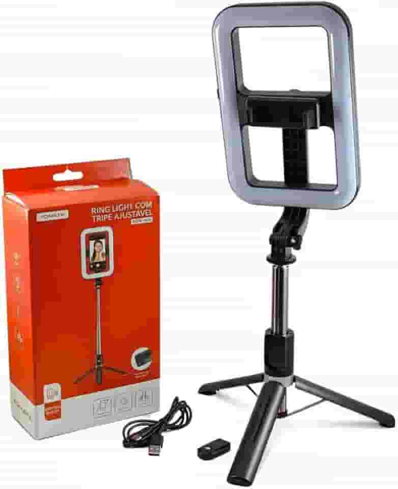 Ring Light com Suporte para Celular, 72 LEDs, 14.4W, Bluetooth, Bateria Recarregável, Luz Branco Quente/Frio, Preto, Modelo mzp-306