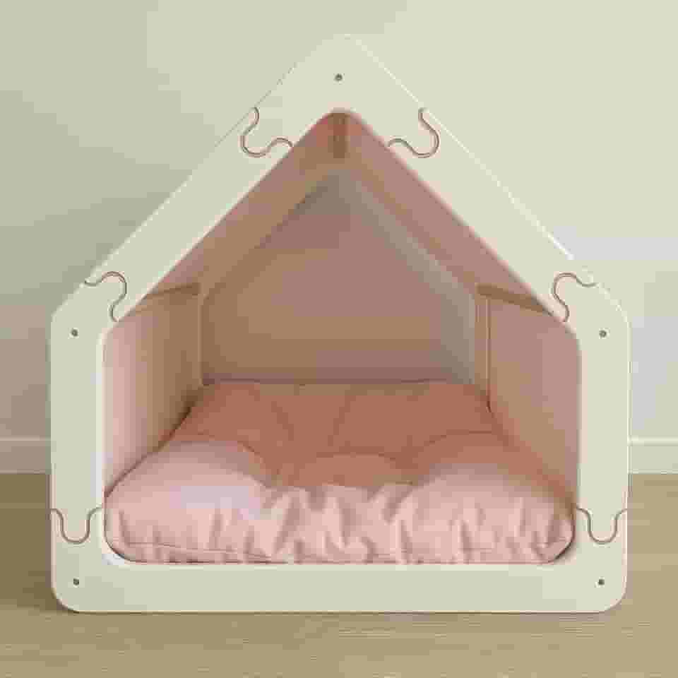 Cama Caminha para Pet Cachorro e Gato Tamanho Grande em Madeira e Tecido, Luma Pet, Design Casinha, com Almofada Macia (Branco/Rosa)