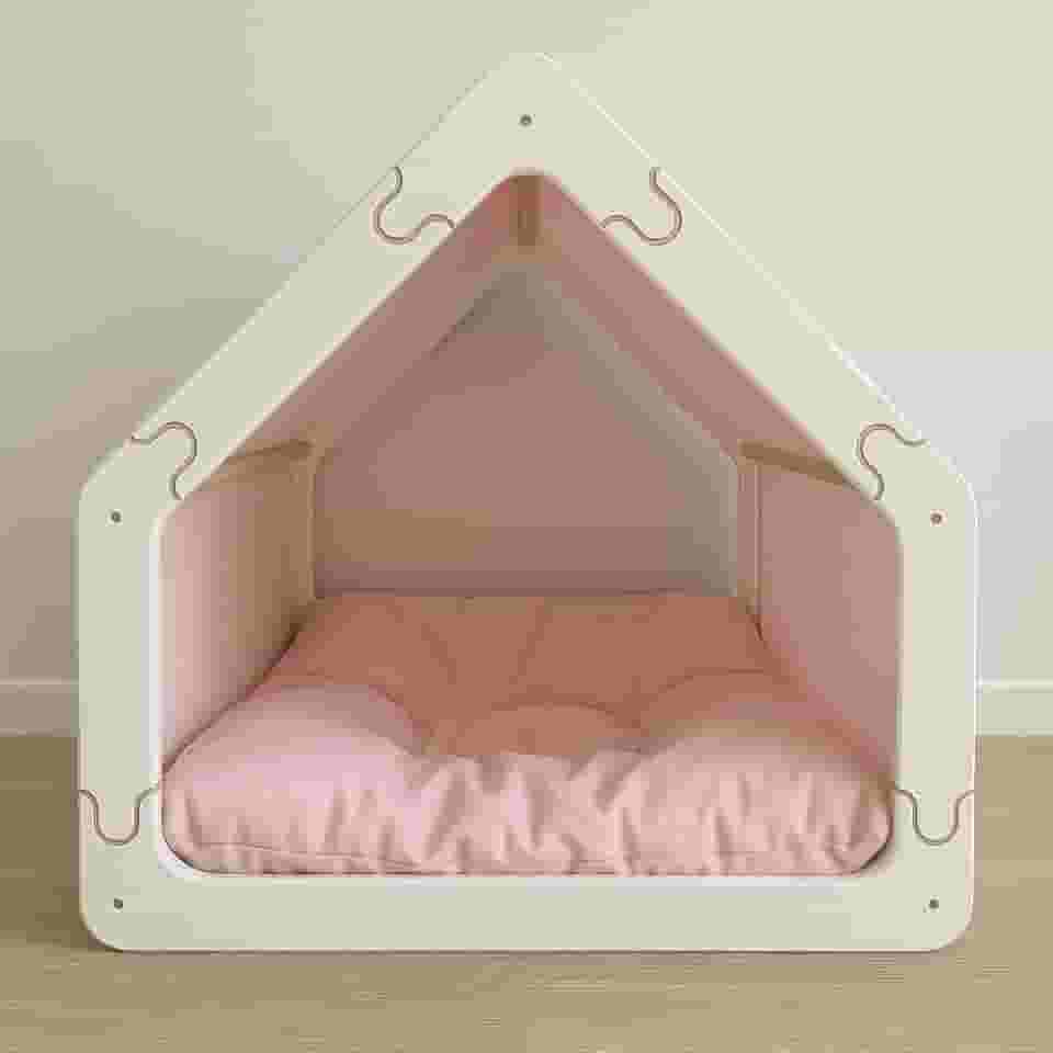 Cama Caminha para Pet Cachorro e Gato Tamanho Grande em Madeira e Tecido, Luma Pet, Design Casinha, com Almofada Macia (Branco/Rosa)