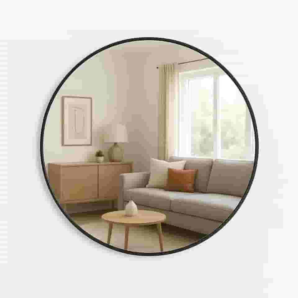 Espelho Adnet Redondo Com Borda Decorativo Couro Suporte Fixação Quarto Escritório Banheiro Sala 60cm (Preto, 60cm)