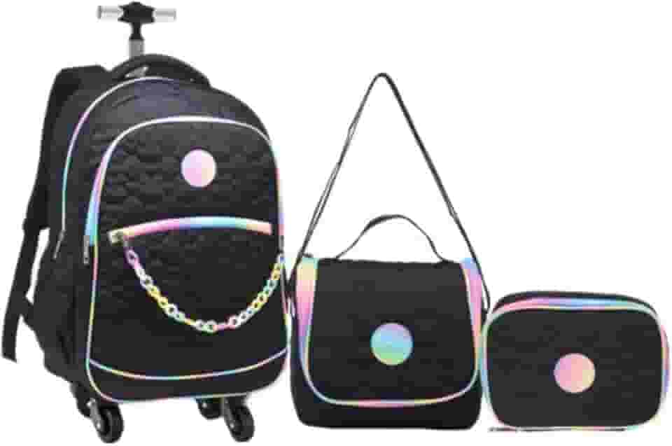 Kit Mochila 20” Escolar Juvenil Estampa Coração 4 Rodinhas 360° Feminino Com Lancheira Térmica E Estojo (PRETO)