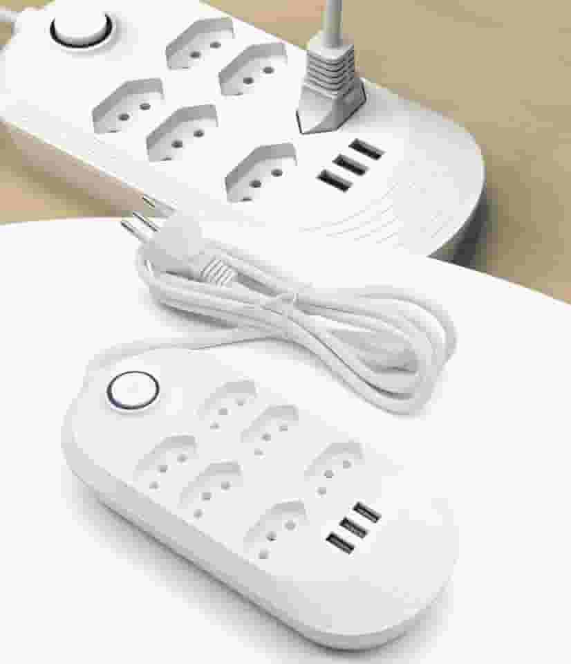 Régua de Extensão Elétrica com 6 Tomadas, 2 Portas USB, Cabo de 2 Metros, Branco
