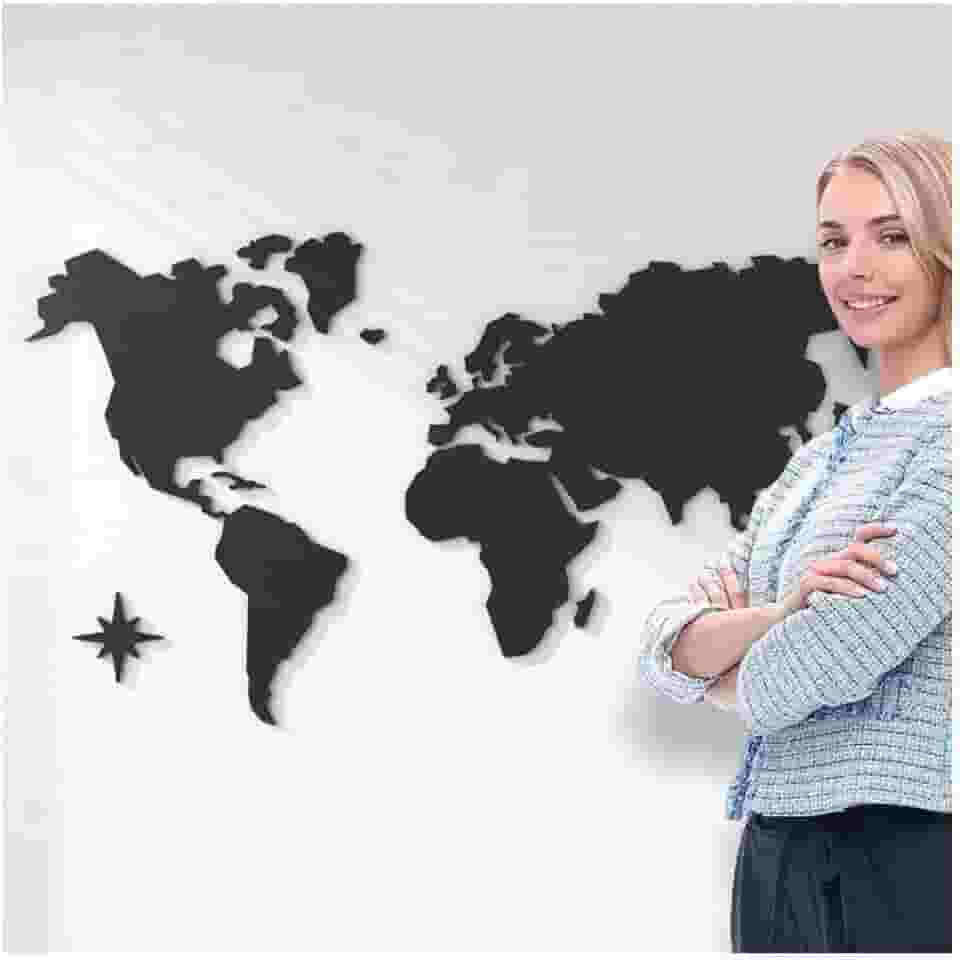 Mapa-Múndi MDF Estilo Geométrico + 150 Pins Adesivos para Marcar Viagens + Molde Instalação (100x56cm)