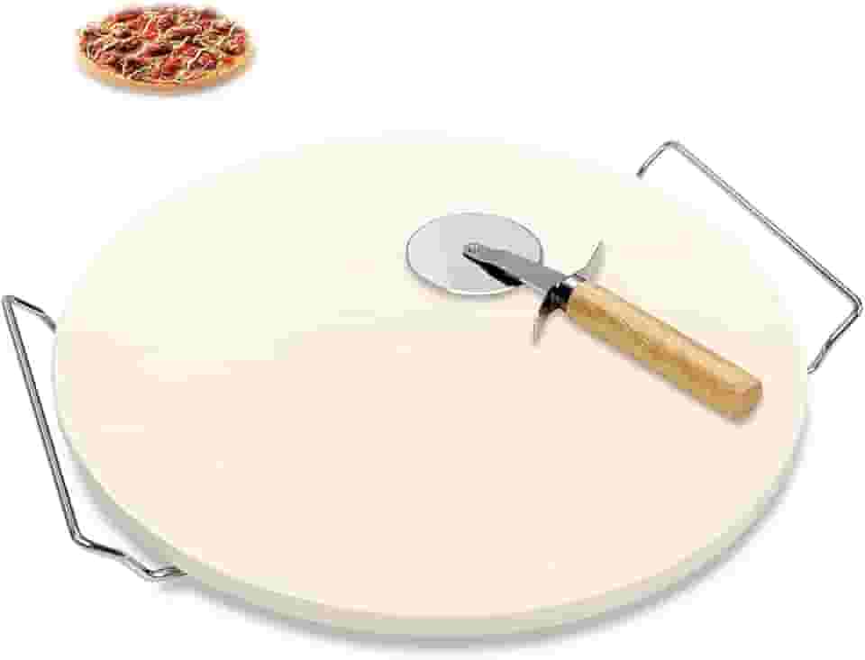 Pedra Pizza Redonda de Cordierita Natural com Suporte de Aço Inoxidável e Raspador, Resistente a 800°C, Branco