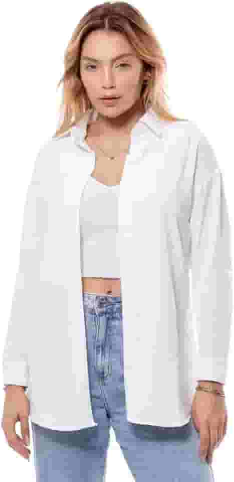 Camisa Social Feminina de Botão Manga Longa – Camisa Branca Estilo Alfaiataria para Trabalho, Escritório e Looks Elegantes BLU-006