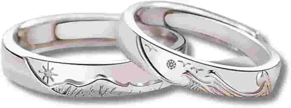 Par de Alianças Banhadas a Prata 'Amor Duradouro' em Cobre Unissex Ajustáveis Mares e Montanhas – Acompanha Bolsa de Veludo