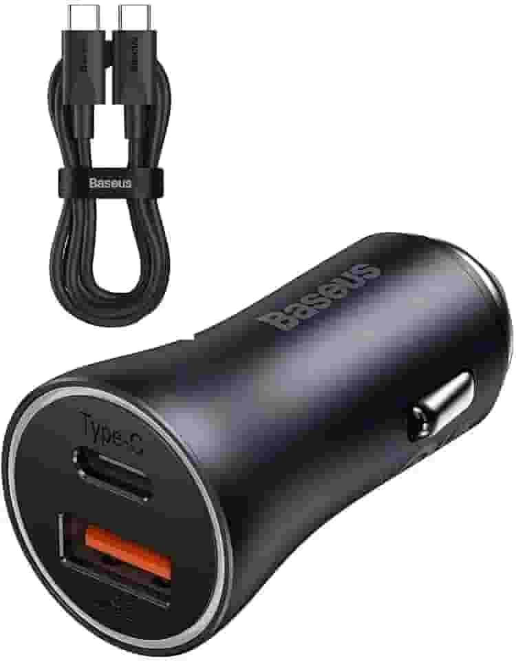 Kit Carregador Veicular Baseus USB-A + USB-C Turbo 60W, Cabo USB-C 1 metro, Golden Max Dual Preto