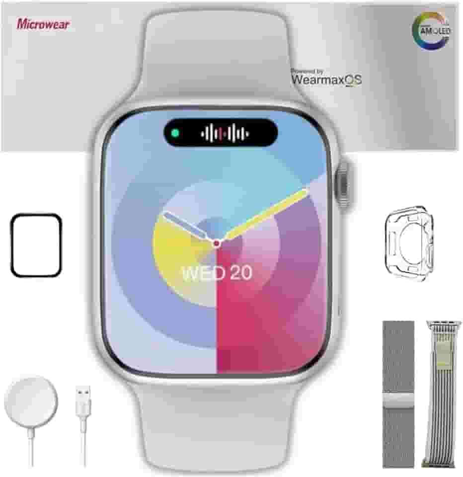 Smartwatch W99+ Plus Amoled Relogio Inteligente MICROWEAR Chatgpt NFC GPS Decibéis Ip68 +Brindes 45mm Unissex (3 pulseiras)+Brindes. (BRANCO/PRATA)