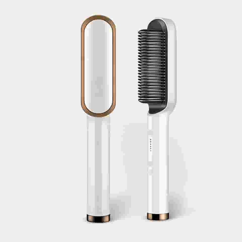 Escova Alisadora Profissional 5 em 1, Cerâmica PTC, Bivolt Automático, Controle de Temperatura 80-200°C, Rotação 360°, para Todos os Tipos de Cabelo (Branco)