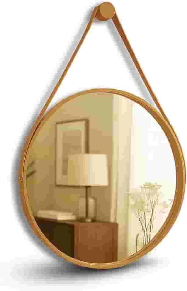 Espelho Decorativo Redondo Adnet Suspenso com Alça de Botão Costurada em Couro Ecológico para Banheiro Quarto Sala (Caramelo/60cm)