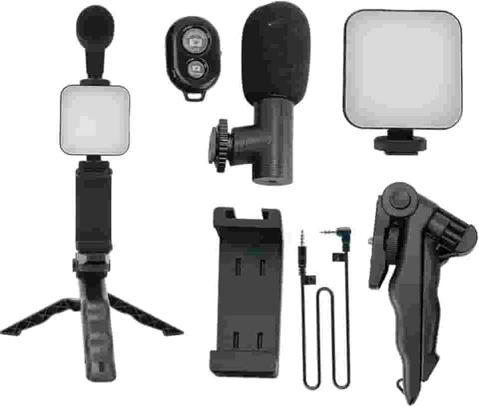 Kit de Gravação 5 em 1 para Celular – Tripé, LED, Microfone e Controle Remoto Para Blogueiro Kit de Gravação Completo para Criadores de Conteúdo